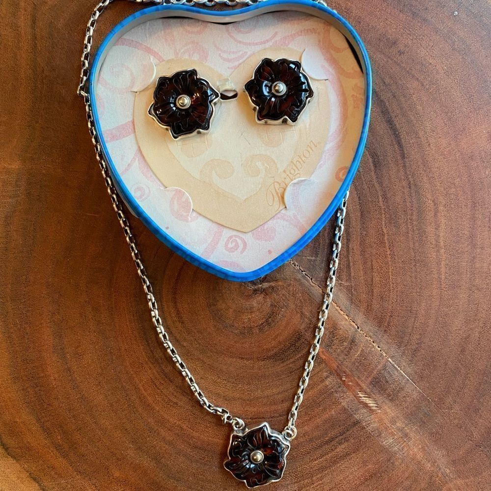 Brighton‎ Shadow Garden silver and tortoise shell flower necklace and earrings